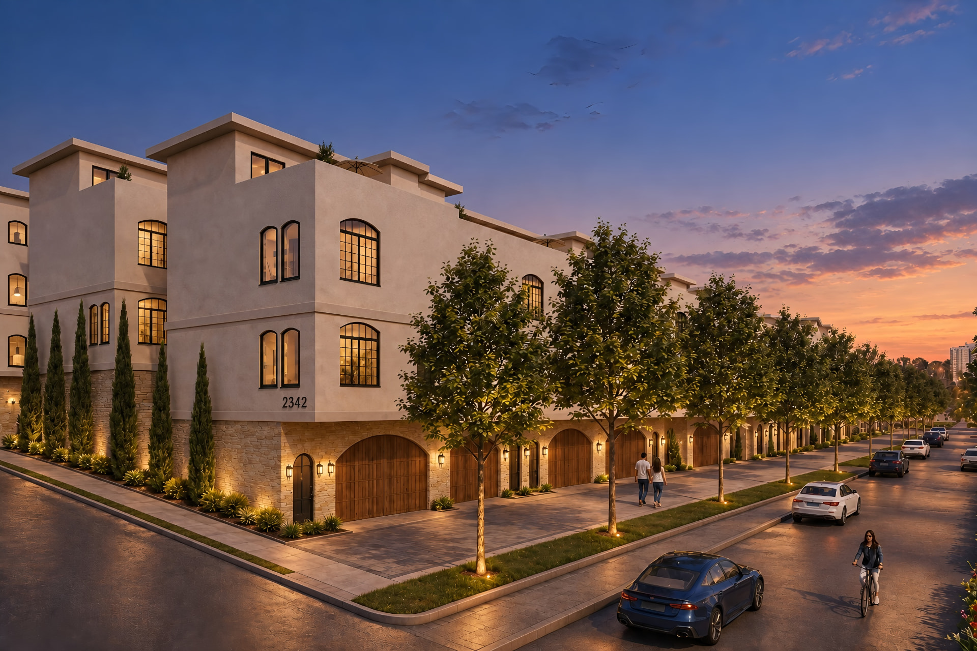 Arlow Collection new construction townhomes in Dallas at dusk