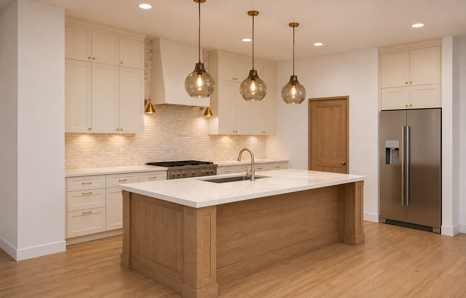 Arlow Collection kitchen with white oak cabinetry, a quartz island and brass pendant lighting